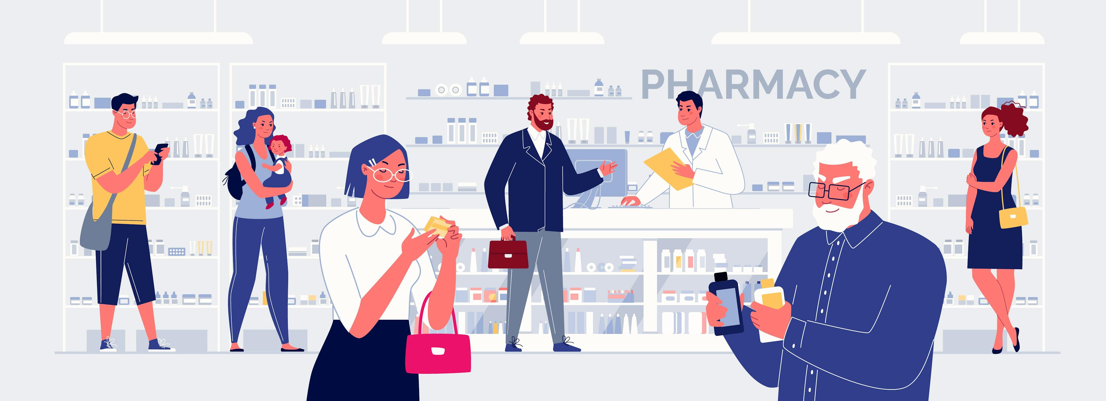 illustration of busy pharmacy with several clients standing around and pharmacist behind counter